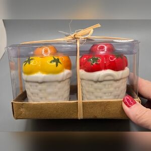 Salt & Pepper Shakers Hand Painted Tomato Basket Design  NWT
